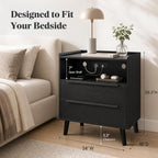 26 Inch Tall Black Oak Nightstands Set of 2 with Charging Station | Matching pair for a streamlined bedroom look; each 24 inch wide table has tray top, open shelf, and 2 drawers