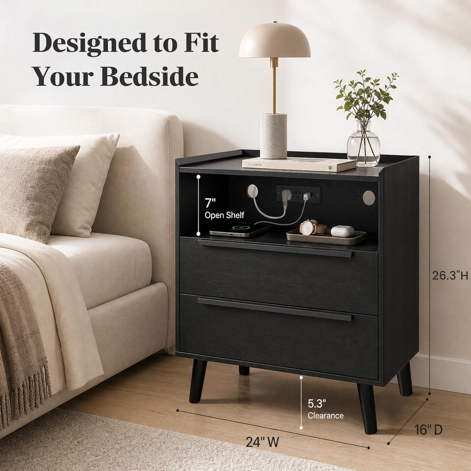 26 Inch Tall Black Oak Nightstands Set of 2 with Charging Station | Matching pair for a streamlined bedroom look; each 24 inch wide table has tray top, open shelf, and 2 drawers