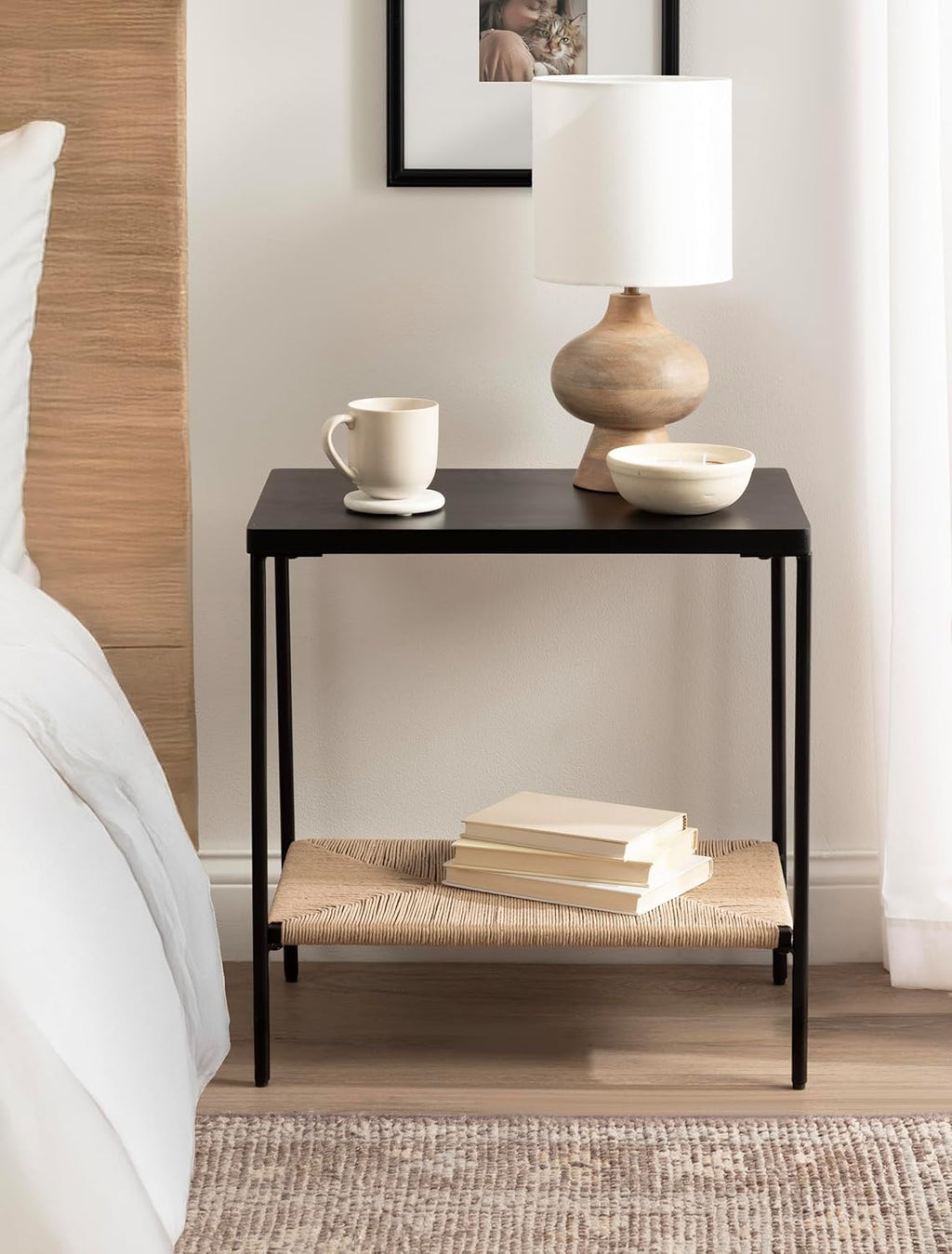 Kate and Laurel Mandell Modern Rectangle Mango Wood and Woven Cord Side Table, 22 x 14 x 22, Black and Natural Cord, Rectangular End Table for Use as Bedroom Nightstand or Living Room Decor Accent