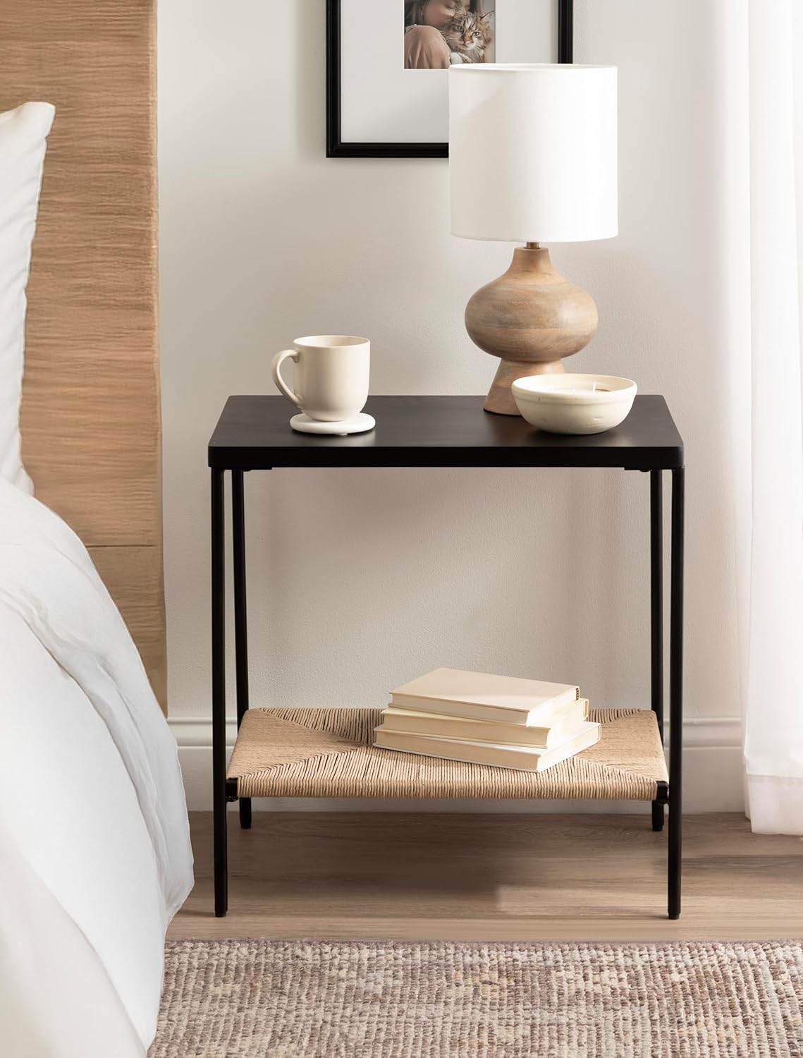 Kate and Laurel Mandell Modern Rectangle Mango Wood and Woven Cord Side Table, 22 x 14 x 22, Black and Natural Cord, Rectangular End Table for Use as Bedroom Nightstand or Living Room Decor Accent
