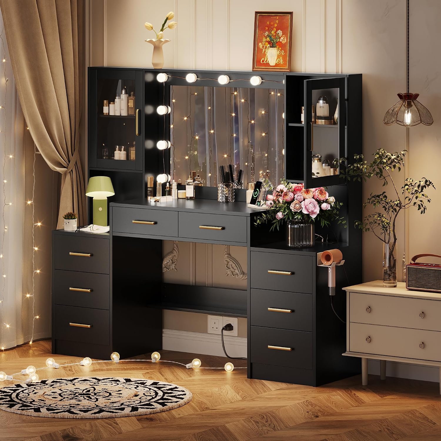 Makeup Vanity Desk with Mirror and Lights, 58.3" Makeup Vanity with Lights & Charging Station, Black Dressing Table Vanity Set Vanity Table with 8 Drawers & 2 Cabinets, with Installation tools