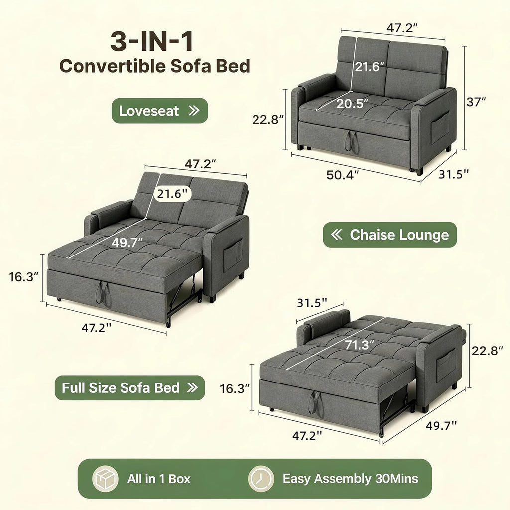 Gizoon Convertible Sofa Bed Modern Couch Bed & Small Loveseat Sleeper, Grey | 3 in 1 Pull out Couch, Space-Saving Design, 5-Position Adjustable Futon Sofa Bed for Living Room, Apartment, Guest Room
