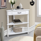 Small Triangle Corner Table Wood Corner Side Tables with Drawer & 2 Open Shelves 3 Tier End Corner Table with Solid Wood Legs for Small Spaces Living Room - Milk White