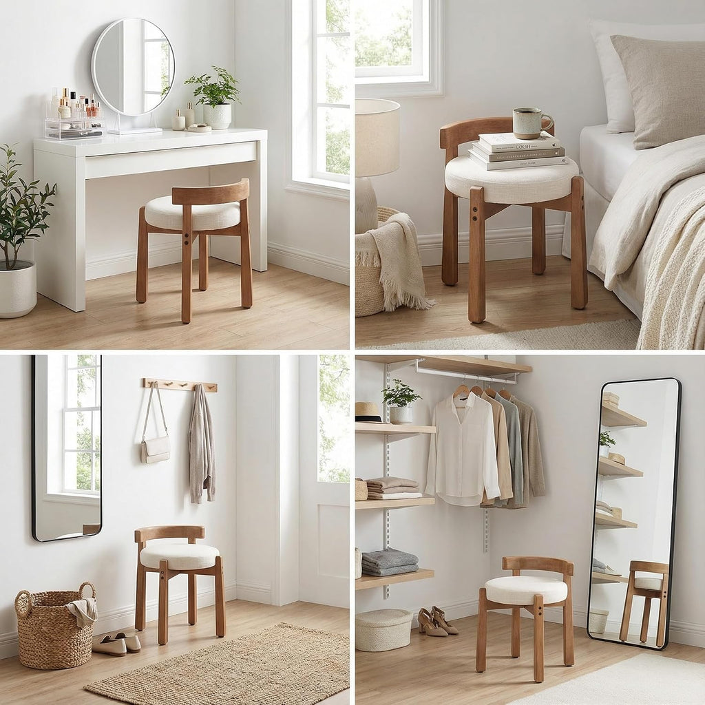 HNY Modern Linen Ottoman- Low-Back Makeup Seat & Lounge Footrest with Solid Wood Frame, Casual Style for Bedroom Dressing Area, Beige