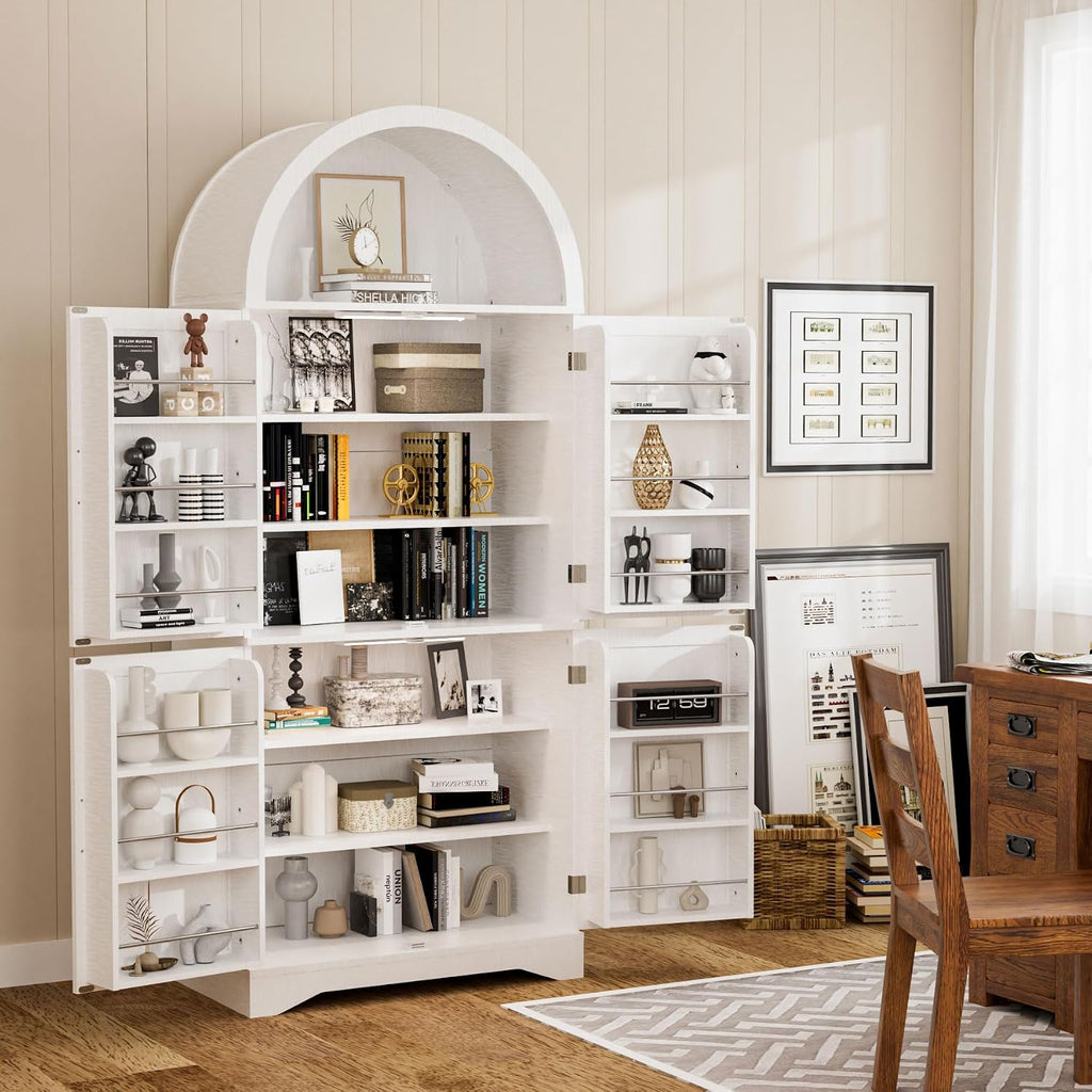 70" Tall Arched Pantry Cabinet, Kitchen Cupboard with Barn Doors, Adjustable Shelves & 3-Color Human Sensor LED Lights for Kitchen/Living Room, White