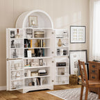 70" Tall Arched Pantry Cabinet, Kitchen Cupboard with Barn Doors, Adjustable Shelves & 3-Color Human Sensor LED Lights for Kitchen/Living Room, White