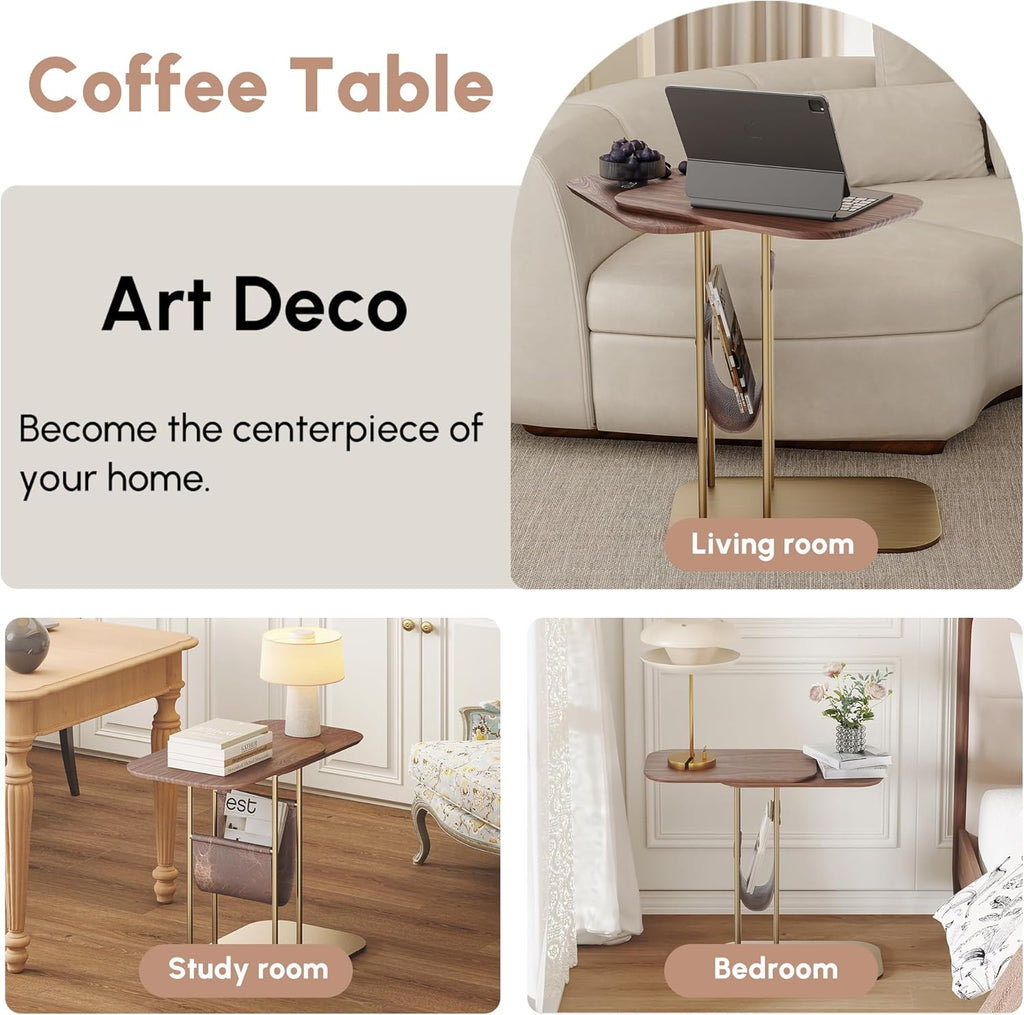 LOVEDIMA C-Shaped Walnut & Gold Rotating Side Table with Storage - 360° Swivel Top,Built-in Magazine Rack,Modern End Table for Sofa/Bedside
