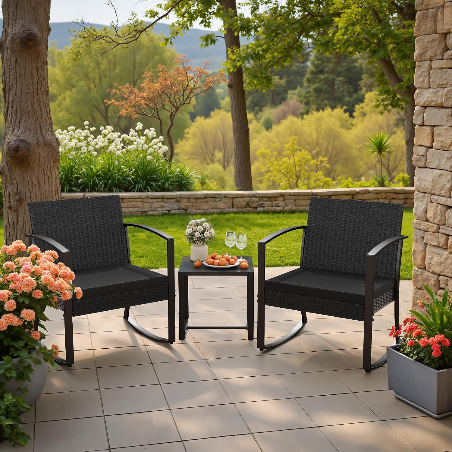 Homall Patio Furniture Set 3 Piece Resin Outdoor Bistro Set Rocking Patio Chairs with Cushions and Table for Porch, Poolside, Balcony and Yard (Black) | Patio Furniture Set 3 Piece Rocking Patio Chairs with Cushions and Table for Porch, Poolside, Balcony