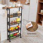 AZERPIAN Slim Rolling Cart 5 Tier Narrow Storage Cart on Wheels with Handle | Lockable Wheels, Wood Top Panel, Metal Frame Utility Carts for Kitchen, Dining, Living, Home Office, Laundry Room