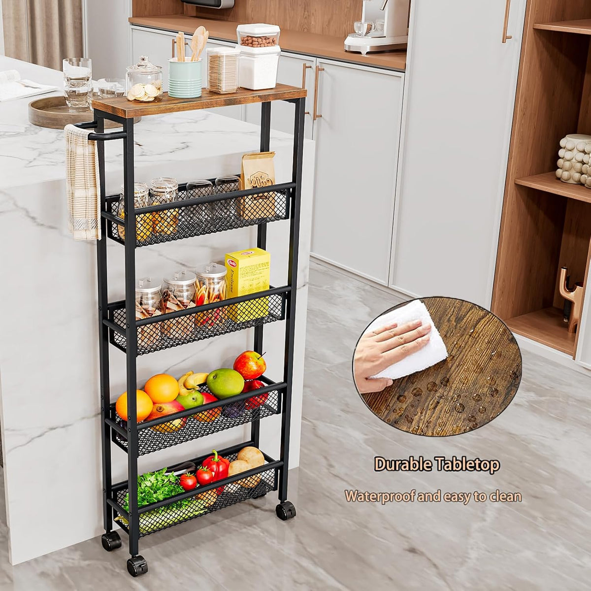 AZERPIAN Slim Rolling Cart 5 Tier Narrow Storage Cart on Wheels with Handle | Lockable Wheels, Wood Top Panel, Metal Frame Utility Carts for Kitchen, Dining, Living, Home Office, Laundry Room
