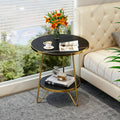 Tribesigns Faux Marble End Table, 2 Tier Round Side Table with Shelves, Modern Black Nightstand Bedside Table Small Coffee Accent Table for Living Room Bedroom, Black and Gold