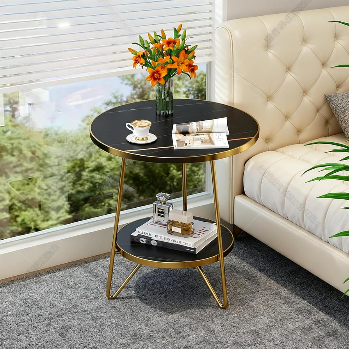 Tribesigns Faux Marble End Table, 2 Tier Round Side Table with Shelves, Modern Black Nightstand Bedside Table Small Coffee Accent Table for Living Room Bedroom, Black and Gold