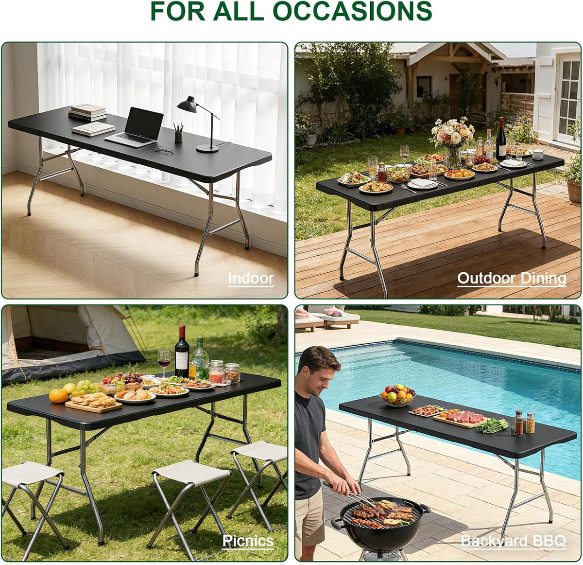6FT Folding Tables – Heavy Duty Portable Foldable Picnic Table with Built-in Handle, 450 lb Capacity – Ideal for Events, Parties, Crafts, Camping & Dining (6-Pack, Black)