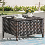 Outdoor Ottomans Patio Foot Rest - 2 Piece Wicker Rattan Ottoman Footrests Footstools with Comfortable Cushions for Patio Porch Deck Balcony Garden(Brown Wicker/Grey Cushion)
