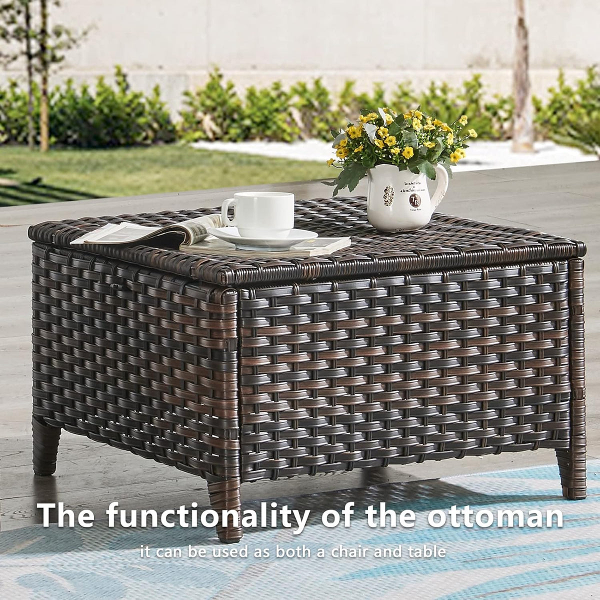 Outdoor Ottomans Patio Foot Rest - 2 Piece Wicker Rattan Ottoman Footrests Footstools with Comfortable Cushions for Patio Porch Deck Balcony Garden(Brown Wicker/Grey Cushion)