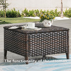 Outdoor Ottomans Patio Foot Rest - 2 Piece Wicker Rattan Ottoman Footrests Footstools with Comfortable Cushions for Patio Porch Deck Balcony Garden(Mixed Grey Wicker/Blue Cushion)