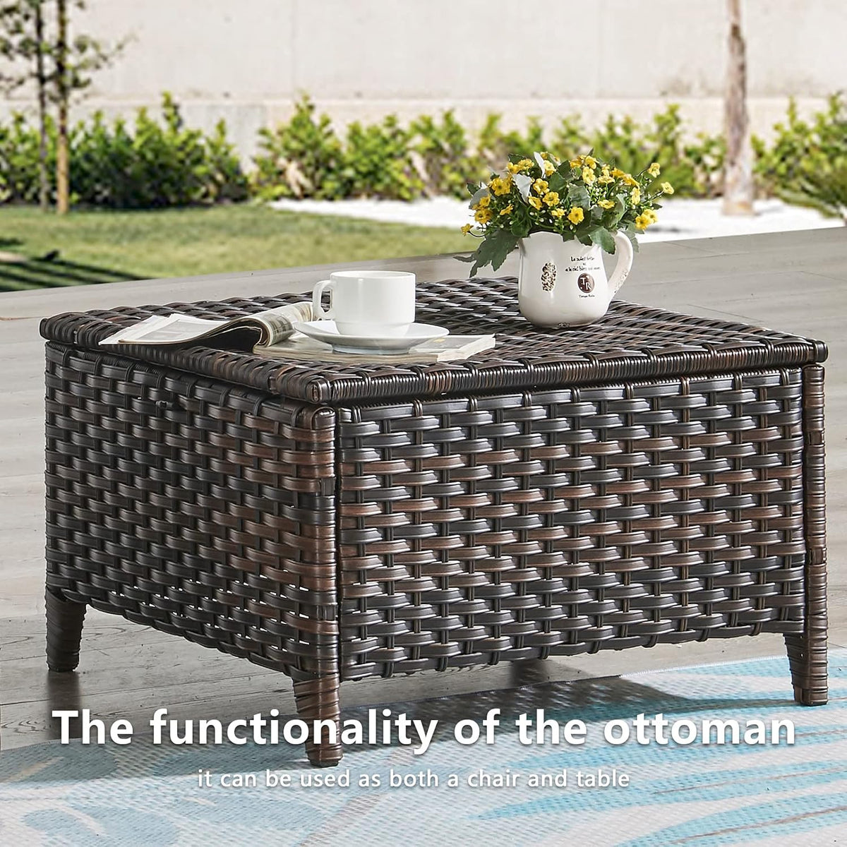 Outdoor Ottomans Patio Foot Rest - 2 Piece Wicker Rattan Ottoman Footrests Footstools with Comfortable Cushions for Patio Porch Deck Balcony Garden(Mixed Grey Wicker/Blue Cushion)