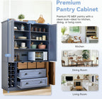 LUMISOL Farmhouse Kitchen Pantry Cabinet, 71" Tall Freestanding Storage Cabinets with Foldable Doors, Power Outlet and Shelves, Dining Storage Cabinet Cupboard with Wine Racks and Serving Trays, Gray