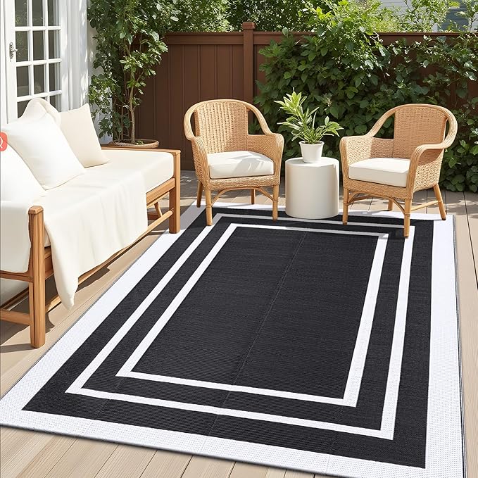 OLANLY Outdoor Rug 5x8 ft Waterproof, Reversible Outdoor Plastic Straw Rug, RV Mat, Indoor Outdoor Carpet Clearance for Patio, Camping, Balcony, Deck, Backyard, Black & White
