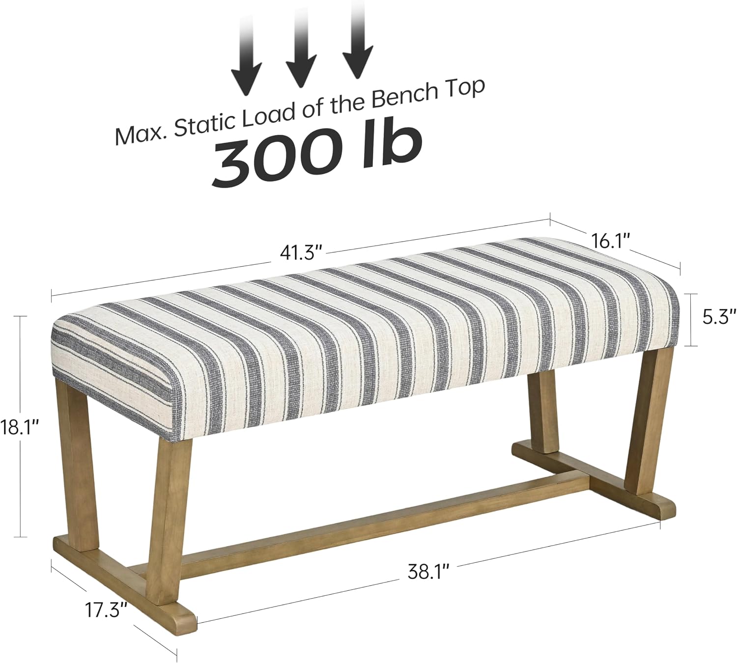 VKNOW 41" Upholstered Entryway Bench, End of Bed Bench with Cushion and Rubber Wood, Kitchen Dining Bench, Striped Bench for Dining Table, Bedroom, Living Room, Grey