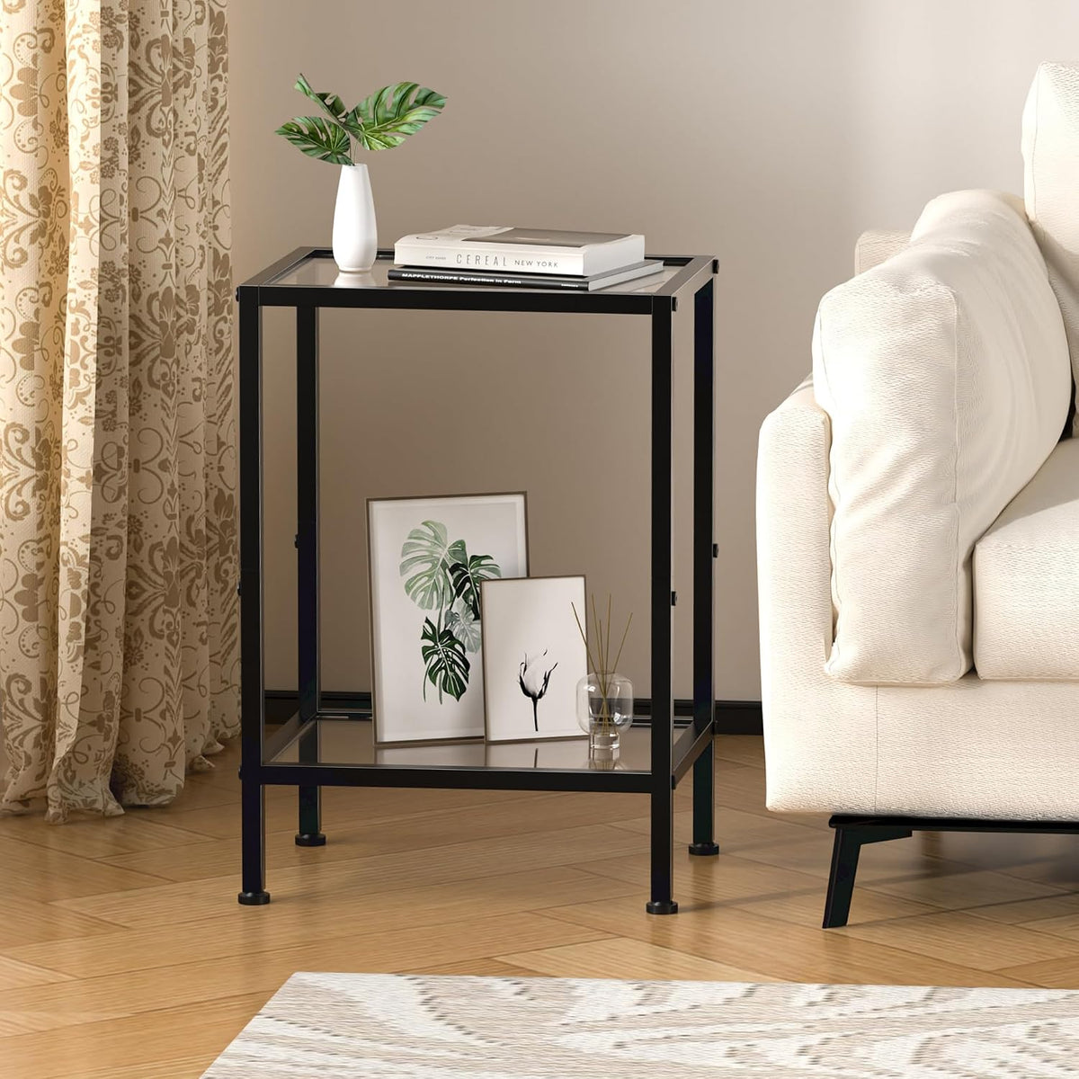 Side Tables Set of 2,Tempered Glass End Tables, 2-Tier Nightstands with Open Shelves, Small Coffee Table with Modern Style, Accent Table Small Table Sofa Table for Living Room, Bedroom, Black