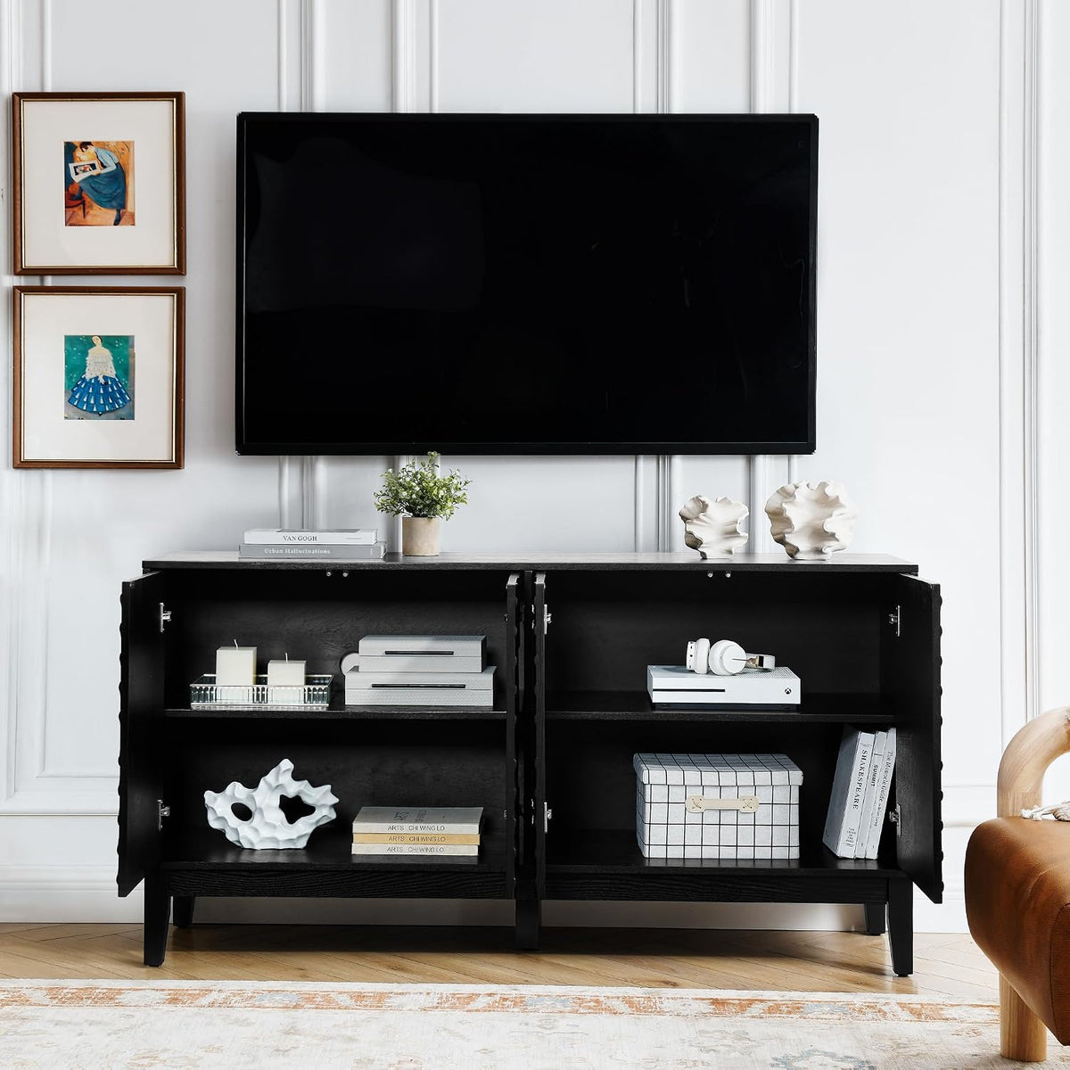 LKTART 60.5" Black Sideboard Buffet Cabinet,Modern Accent Credenza Storage Cabinet with 4 Doors, Media Console Table for Living Room Entryway