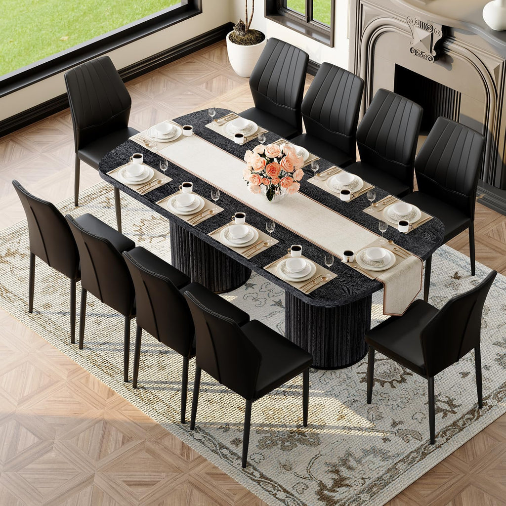 79" Black Dining Table Set for 10,Large Dining Room Table Set for 10 with Fluted Double Pedestal Base & Cushioned Chairs,Modern Luxe Rectangular Wood Kitchen Table Set for Family Gatherings