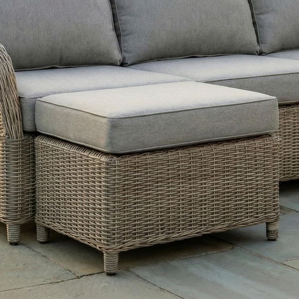 Martha Stewart Lily Pond Rattan Wicker Indoor-Outdoor Patio Ottoman in Weathered Gray with 4" Gray Olefin Cushion, Steel Frame and Zippered Removable Cushion Cover
