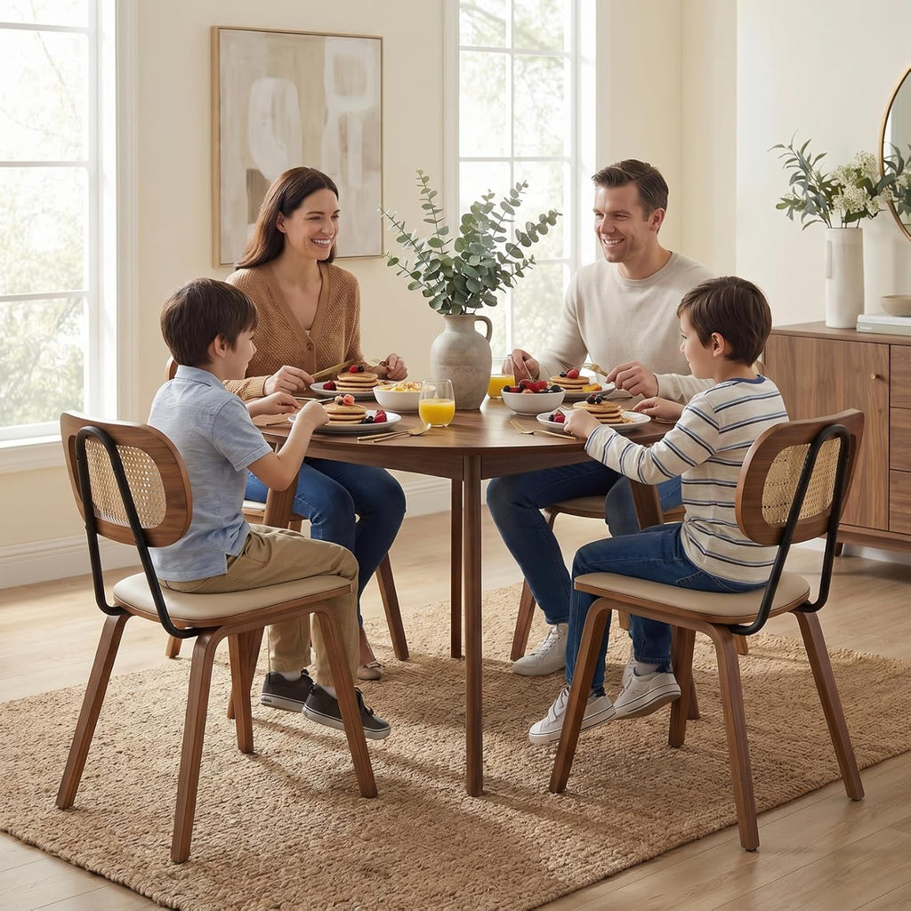 CIMOTA Mid Century Modern Dining Chairs Set of 4, Rattan Back Kitchen Chairs with Solid Wood Frame, Upholstered Faux Leather Seat, Armless Cane Dining Room Chair for Kitchen, Farmhouse, PU Beige