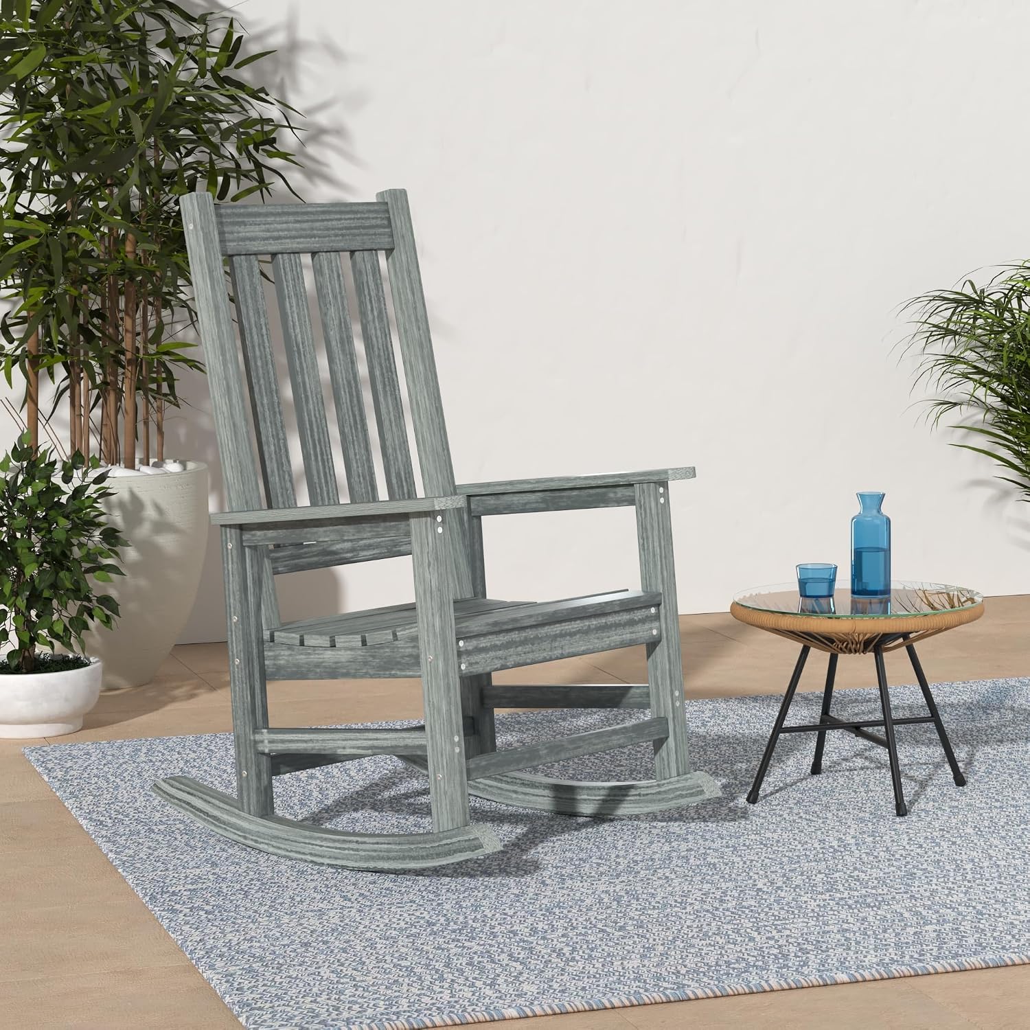 Oversized Outdoor Rocking Chair, HDPE 350lbs Heavy Duty Porch Rocker with High Back, All Weather Resistant Patio Rocking Chair for Lawn, Garden & Deck (Grey)