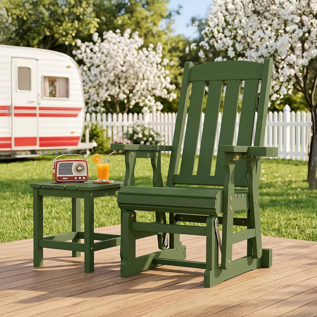 VINGLI Outdoor Glider Chair Wood Patio Glider with Cup Holder, Porch Glider with Smooth Rocking Mechanism, Heavy Duty 600 LBS, Dark Green