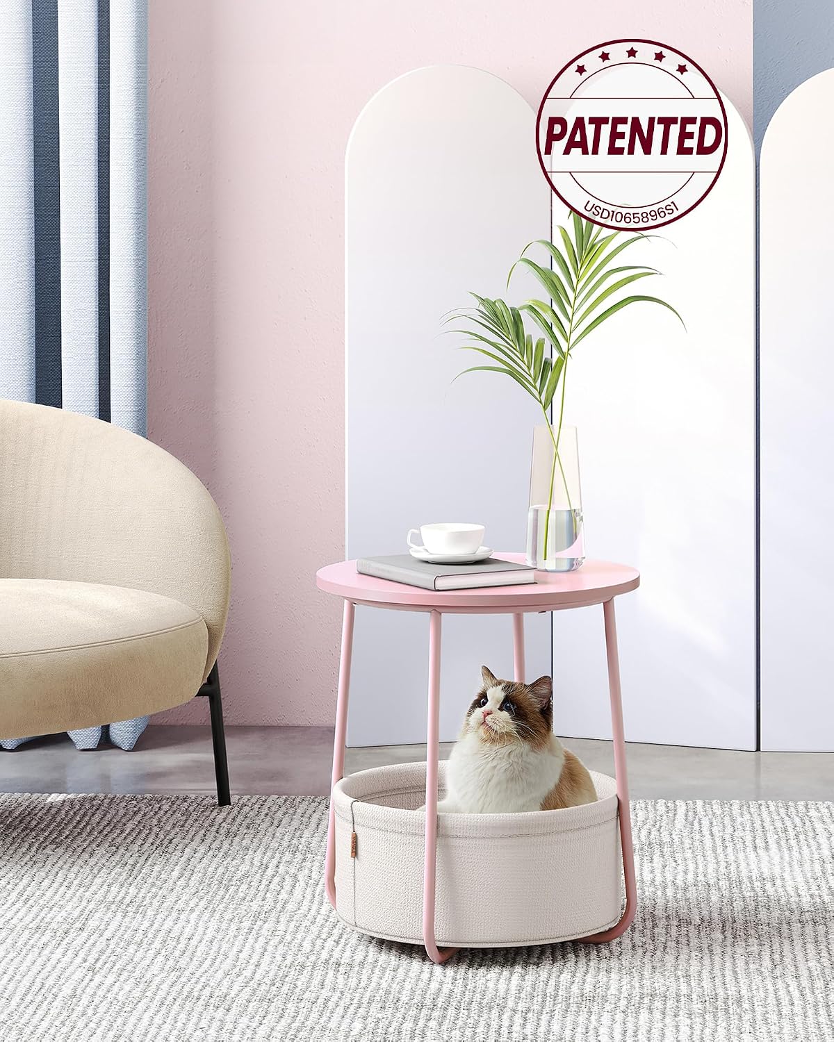 VASAGLE Nightstands, Set of 2 Small Round Side Tables with Fabric Basket, Bedside End Tables, for Bedroom, Jelly Pink and Cream White ULCT668R01