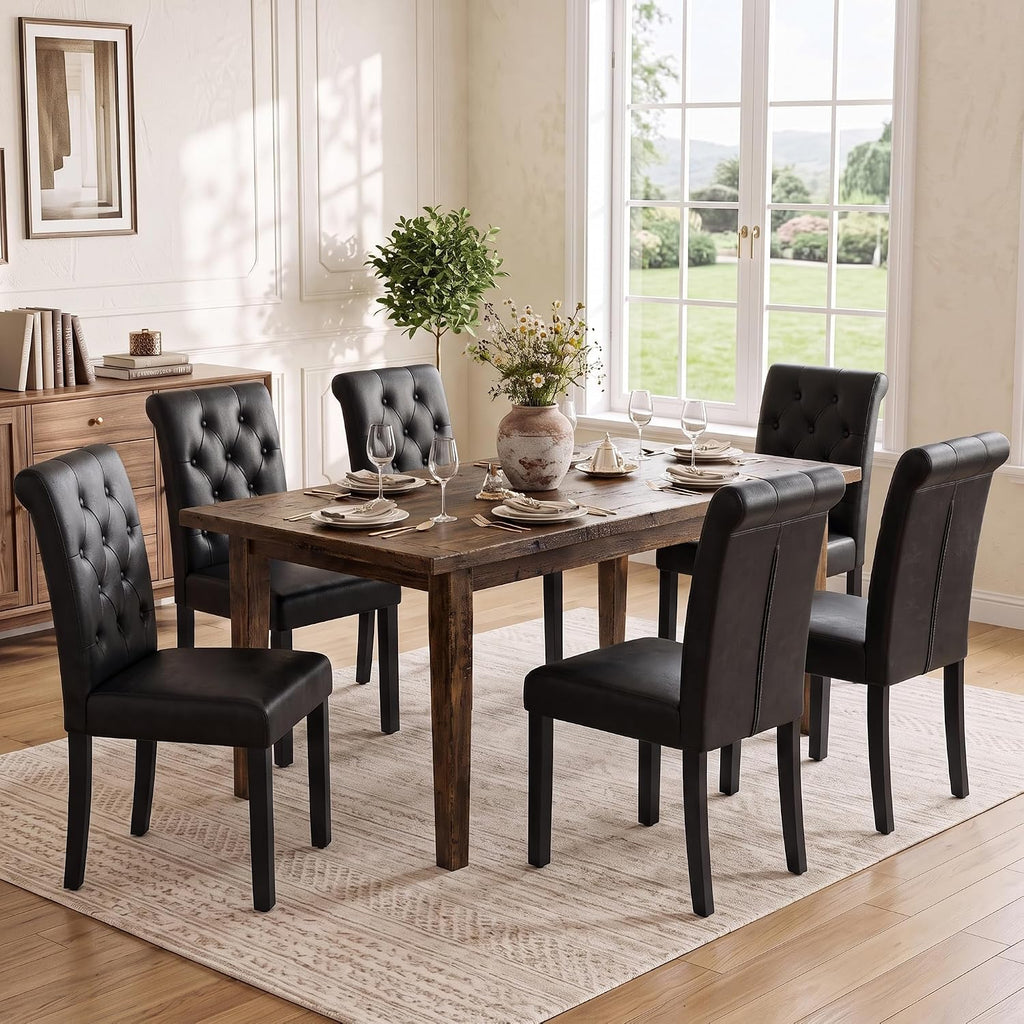 LSSPAID Dining Chairs Set of 6, Modern Armless Parsons Side Chairs, Upholstered Button-Tufted PU Leather Dining Kitchen Chairs with Solid Wood Legs, Black
