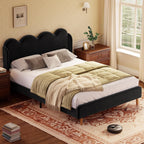 Garvee Chenille Upholstered Full Size Bed Frame, Wingback Design, Black