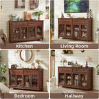 Joaxswe Farmhouse Sideboard Buffet Cabinet with Storage,59" Large Credenza with 4 Glass Doors & 2 Drawers,Adjustable Shelves Console Table,Wood Kitchen Coffee Bar for Dining Room,Living Room,Brown
