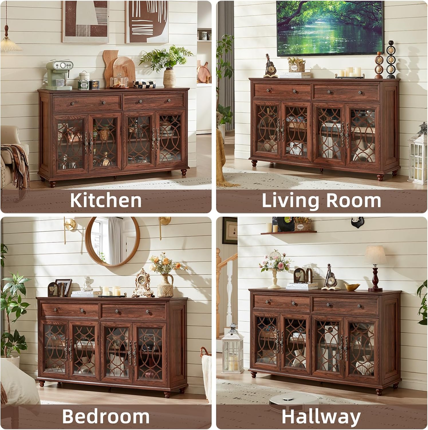Joaxswe Farmhouse Sideboard Buffet Cabinet with Storage,59" Large Credenza with 4 Glass Doors & 2 Drawers,Adjustable Shelves Console Table,Wood Kitchen Coffee Bar for Dining Room,Living Room,Brown