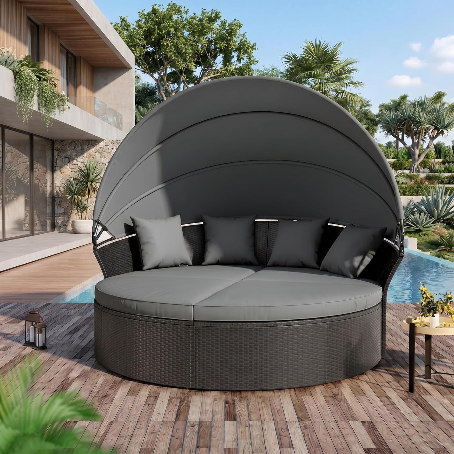 Crownland Round Patio Daybed with Retractable Canopy, Clamshell Wicker Sectional, Outdoor Wicker Furniture Daybed for Backyard, Poolside, or Garden，Grey