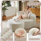 74.6" Oversized Round Chaise Lounge Chair with Ottoman Indoor, Fluffy Upholstered Corduroy Deep Seat Large Floor Circle Couch Sofa Chairs for Living Room, Bedroom, No Assembly Required, White