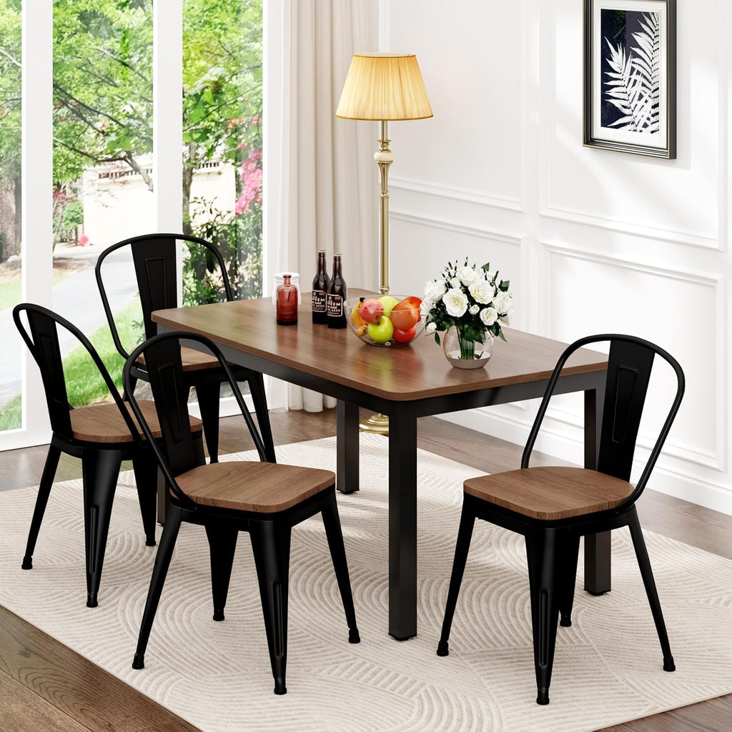 18 Inch Metal Dining Chairs Set of 4 Farmhouse Kitchen Chairs with Wooden Seat and Metal Backrest Stackable Black Dining Room Seating