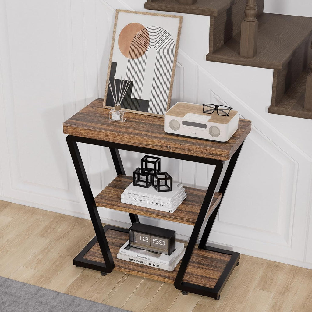 Narrow End Table for Small Spaces, 3-Tier Sofa Side Table with Storage Shelf, Wood and Metal Nightstand for Living Room Bedroom, Rustic Brown