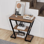 Narrow End Table for Small Spaces, 3-Tier Sofa Side Table with Storage Shelf, Wood and Metal Nightstand for Living Room Bedroom, Rustic Brown