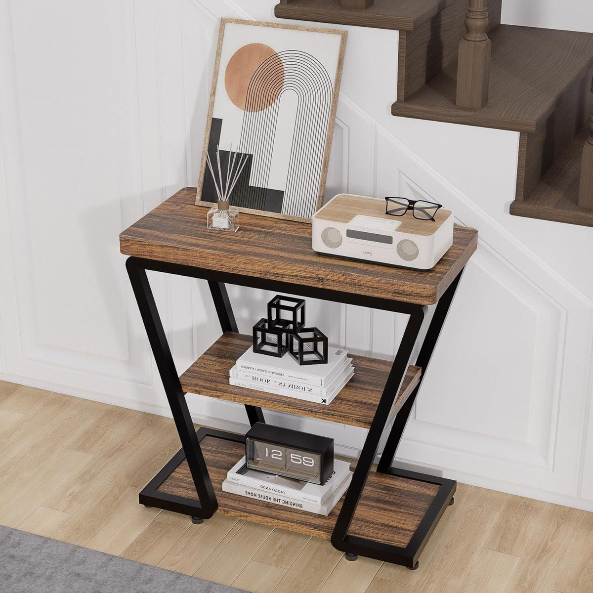 Narrow End Table for Small Spaces, 3-Tier Sofa Side Table with Storage Shelf, Wood and Metal Nightstand for Living Room Bedroom, Rustic Brown