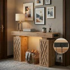 63-Inch Modern Console Table with LED & Outlet, Farmhouse Entryway Table with Geometric Base, Solid Wood-Grain Sofa Table Behind Couch, Narrow Accent Table for Hallway, Brown Oak