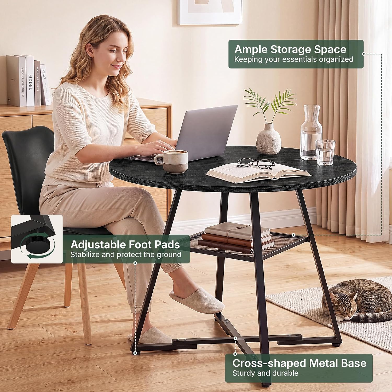 42in Round Dining Table Set for 4, Kitchen Table with Chairs | Circle Table, PU Leather Chair, Metal Cross Base, Storage Shelf, Breakfast Nook, Space-Saving, Apartment, Living Room, Black
