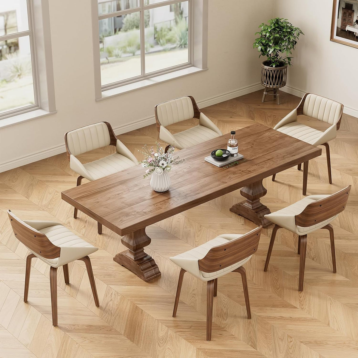 REONEY 360° Swivel Dining Chairs Set of 8, Mid Century Modern Kitchen Chair with Walnut Bentwood Back and Legs, Upholstered PU Leather for Dining Room, Kitchen, Restaurant, Cafe, Beige