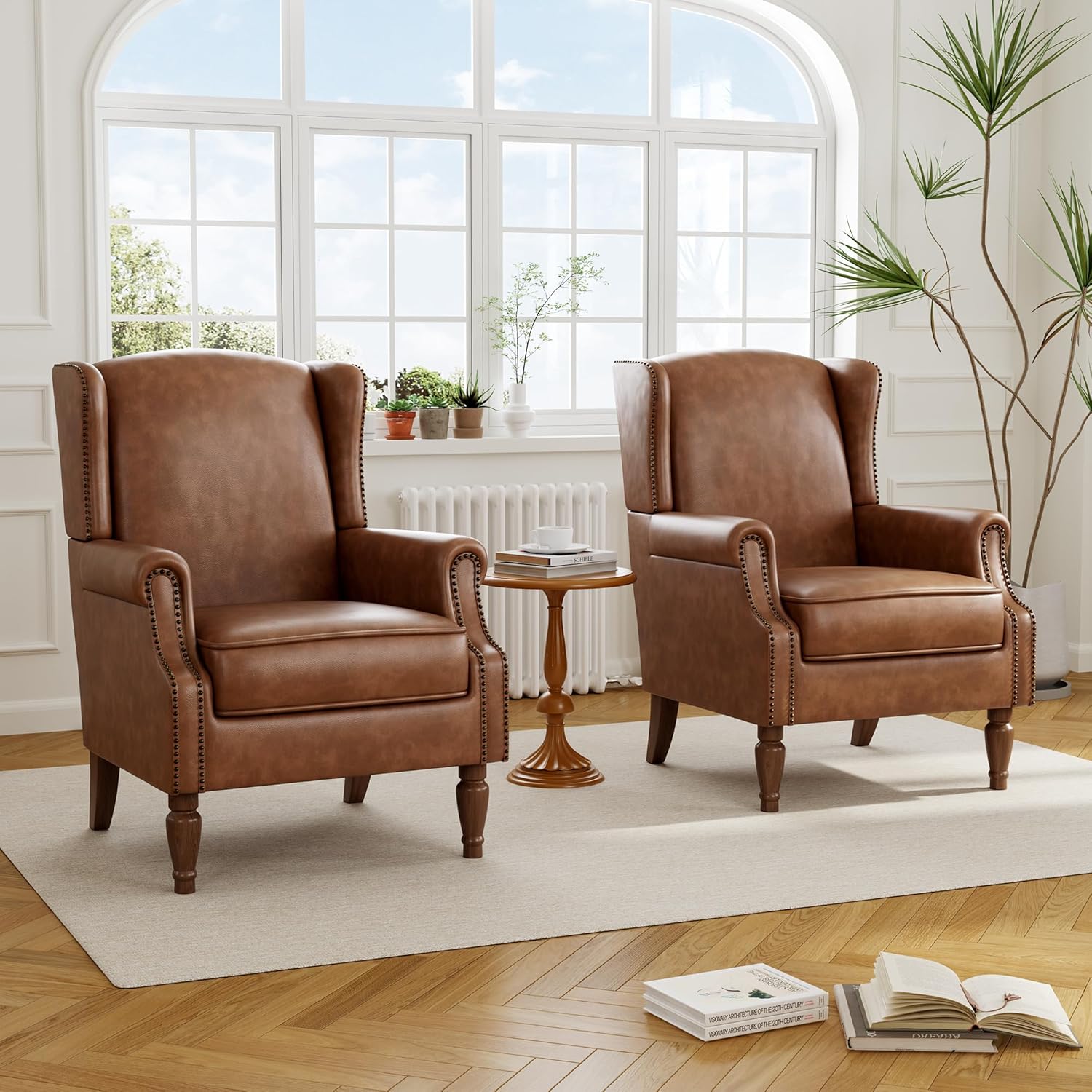 PU Leather High Back Accent Chair, Upholstered Armchair with Solid Wood Legs, Comfy Wingback Reading Single Sofa Chair for Small Spaces, Living Room, Bedroom(Leather Brown, Set of 2)