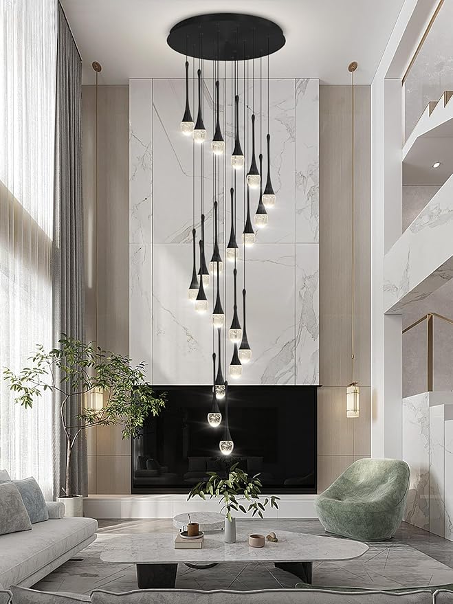 138'' Modern Chandelier,20-Lights Black Modern Pendant Light Fixture Staircase Large Chandelier Lobby Living Room Bedroom Foyer High Ceiling Chandelier