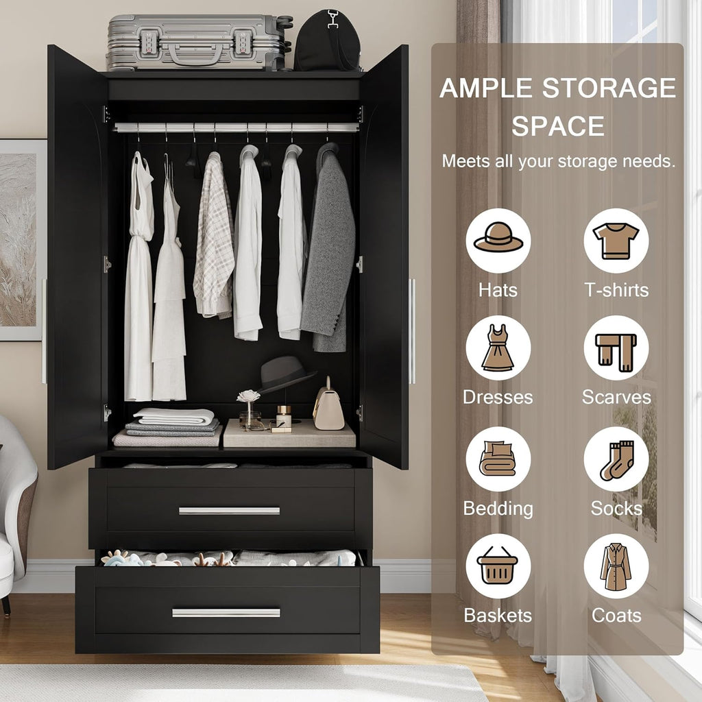 Einhomn Wooden Armoire Wardrobe Closet with 2 Doors and 2 Drawers,Freestanding Armoire Storage Cabinet with Shelves,Tall Clothing Storage Cabinet Suitable for Bedroom,Black