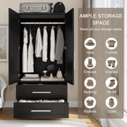 Einhomn Wooden Armoire Wardrobe Closet with 2 Doors and 2 Drawers,Freestanding Armoire Storage Cabinet with Shelves,Tall Clothing Storage Cabinet Suitable for Bedroom,Black
