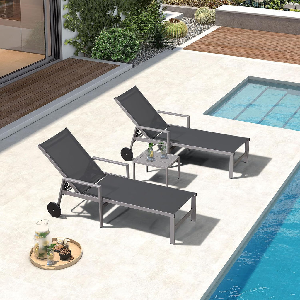 PURPLE LEAF Chaise Lounge Outdoor Set for 2 with Armrest, Grey | All-aluminum supportive armrests, effortless sitting & standing transitions, stylish design, ultimate outdoor leisure